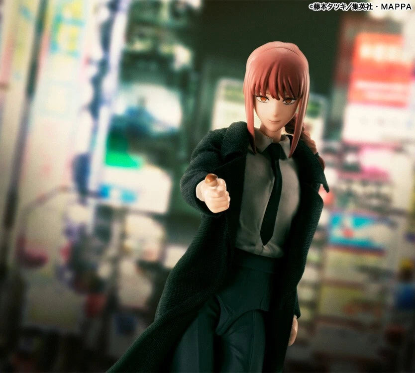 Anime character in a school uniform with a blurred cityscape background S.H.Figuarts Chainsaw Man Makima Authentic Action Figure – 5.5-Inch Fully Articulated Premium Collectible Statue by Bandai Tamashii Nations