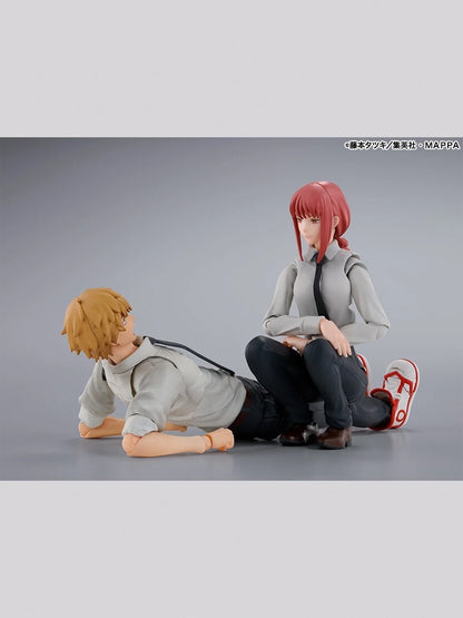 Two anime figures on a gray background S.H.Figuarts Chainsaw Man Makima Authentic Action Figure – 5.5-Inch Fully Articulated Premium Collectible Statue by Bandai Tamashii Nations set