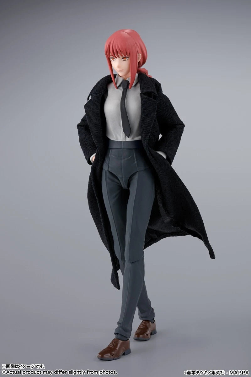 Figure of a character with red hair wearing a long black coat on a gray background S.H.Figuarts Chainsaw Man Makima Authentic Action Figure – 5.5-Inch Fully Articulated Premium Collectible Statue by Bandai Tamashii Nations side