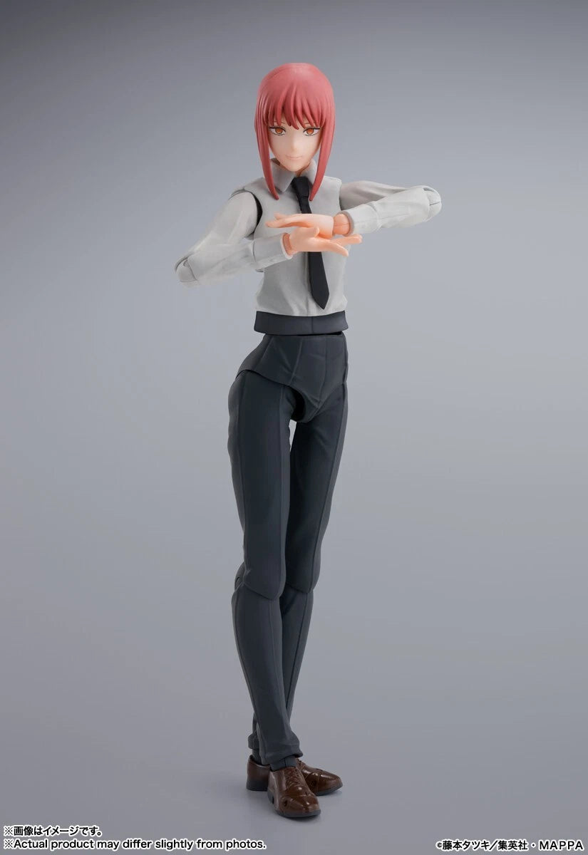 Figure of a character in a gray outfit with a pink hairstyle on a gray background S.H.Figuarts Chainsaw Man Makima Authentic Action Figure – 5.5-Inch Fully Articulated Premium Collectible Statue by Bandai Tamashii Nations technique 