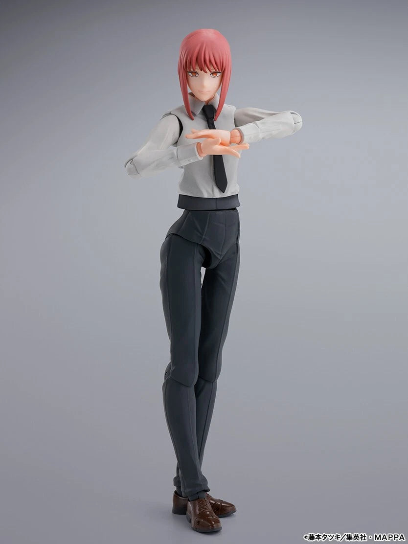 Action figure of a character with pink hair and a gray outfit on a gray background S.H.Figuarts Chainsaw Man Makima Authentic Action Figure – 5.5-Inch Fully Articulated Premium Collectible Statue by Bandai Tamashii Nations technique