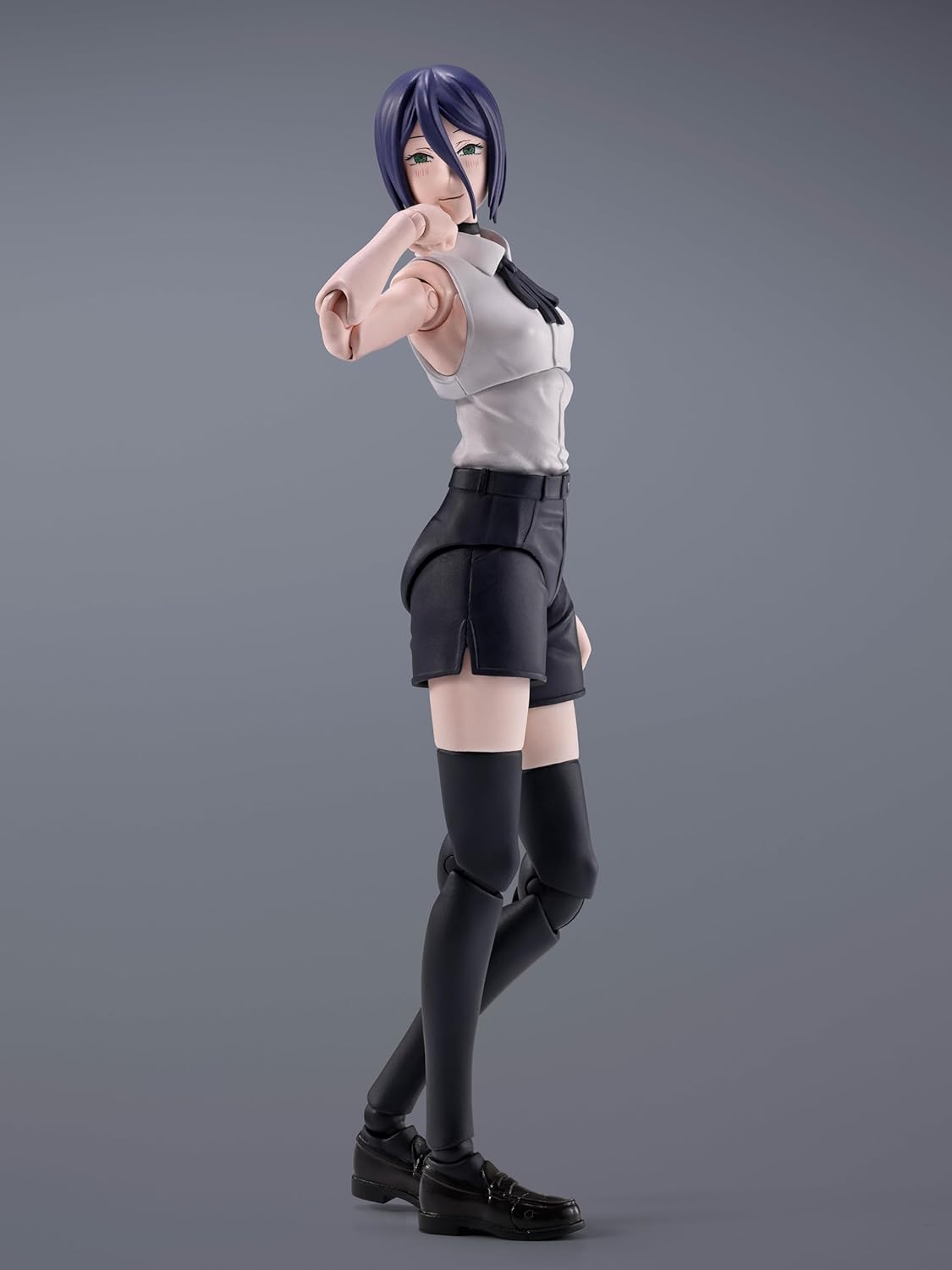 Action figure of a character with purple hair and a school uniform on a gray background S.H.Figuarts Chainsaw Man Reze Authentic Action Figure – 5.5-Inch Human Civilian Form Fully Articulated Premium Figure cute