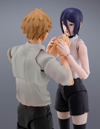 Two anime-style figurines interacting on a gray background S.H.Figuarts Chainsaw Man Reze Authentic Action Figure – 5.5-Inch Human Civilian Form Fully Articulated Premium Figure denji