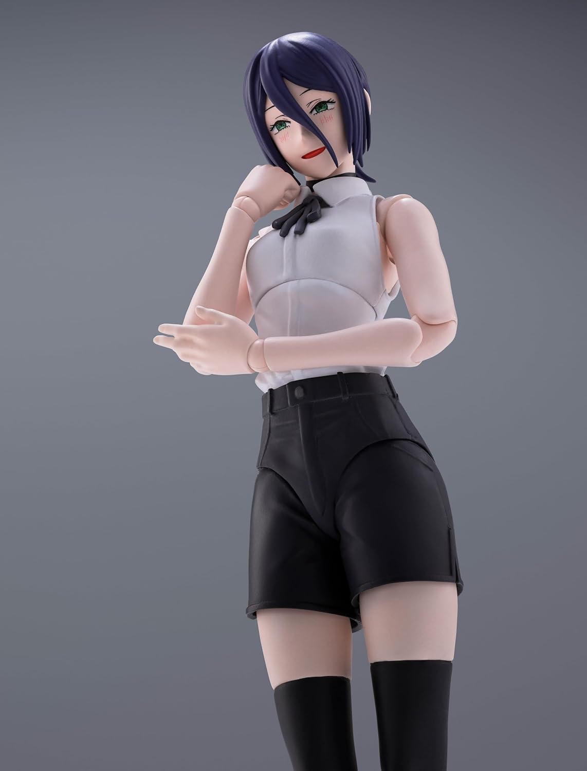 Figure of a character with purple hair and a gray outfit on a gray background S.H.Figuarts Chainsaw Man Reze Authentic Action Figure – 5.5-Inch Human Civilian Form Fully Articulated Premium Figure downward