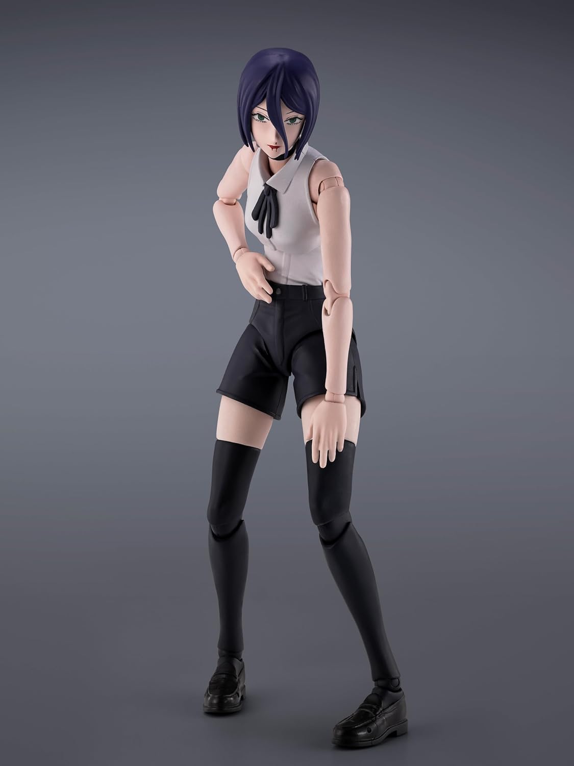 Action figure of a character with purple hair and black outfit on a gray background S.H.Figuarts Chainsaw Man Reze Authentic Action Figure – 5.5-Inch Human Civilian Form Fully Articulated Premium Figure