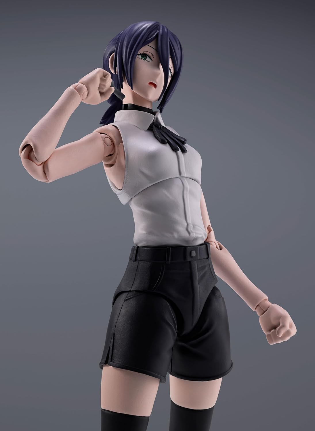 Action figure of a character in a white top and black shorts on a gray background S.H.Figuarts Chainsaw Man Reze Authentic Action Figure – 5.5-Inch Human Civilian Form Fully Articulated Premium Figure kawaii