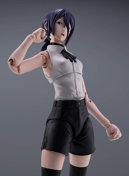 Action figure of a character in a white top and black shorts on a gray background S.H.Figuarts Chainsaw Man Reze Authentic Action Figure – 5.5-Inch Human Civilian Form Fully Articulated Premium Figure kawaii