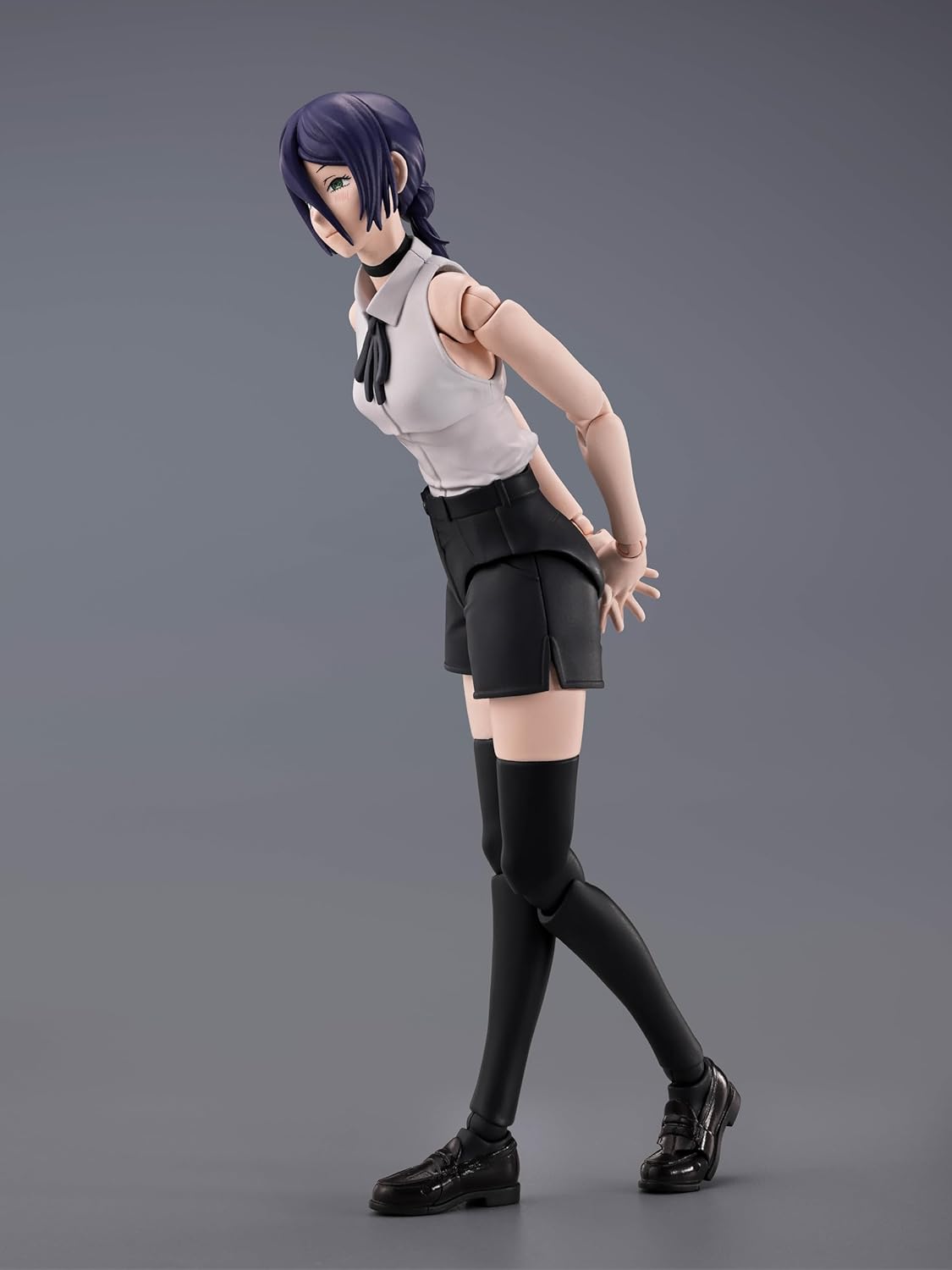 Action figure of a character in a white top and black skirt on a gray background S.H.Figuarts Chainsaw Man Reze Authentic Action Figure – 5.5-Inch Human Civilian Form Fully Articulated Premium Figure side