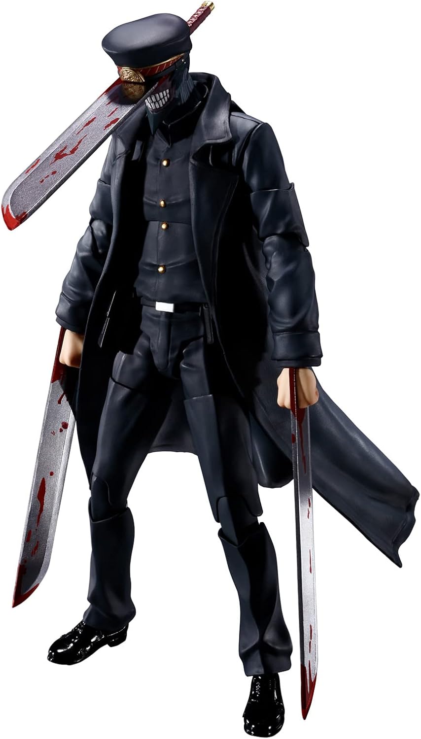 Action figure in a dark coat with two swords on a white background S.H.Figuarts Chainsaw Man Samurai Sword Authentic Action Figure – 16.5cm Fully Articulated Premium Collectible Character Statue