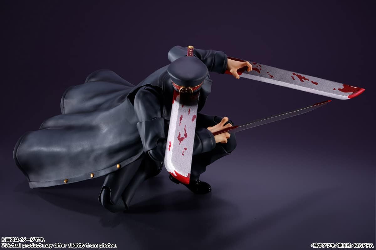 Action figure of a character in a dark outfit with a sword on a dark background S.H.Figuarts Chainsaw Man Samurai Sword Authentic Action Figure – 16.5cm Fully Articulated Premium Collectible Character Statue
