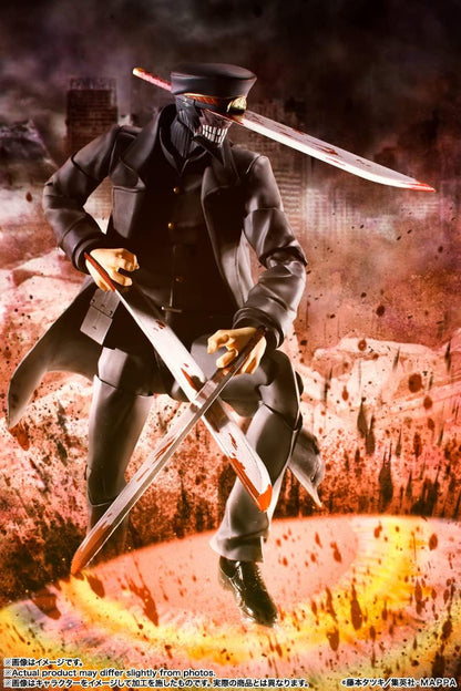 Character in a dark coat and hat holding two swords against a fiery background S.H.Figuarts Chainsaw Man Samurai Sword Authentic Action Figure – 16.5cm Fully Articulated Premium Collectible Character Statue 3