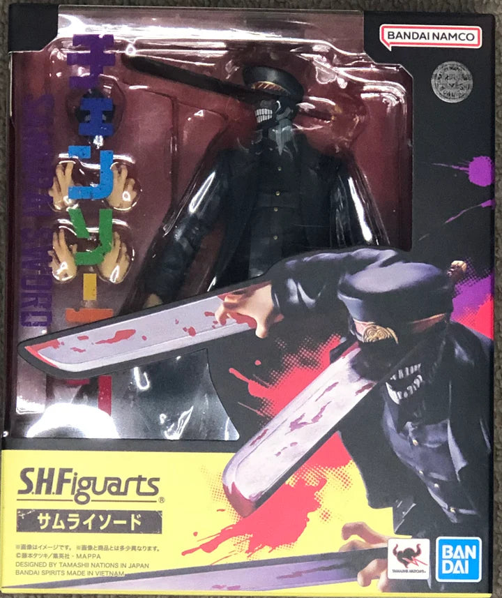 SHFiguarts Samurai Sword action figure packaging with BANDAI NAMCO branding. S.H.Figuarts Chainsaw Man Samurai Sword Authentic Action Figure – 16.5cm Fully Articulated Premium Collectible Character Statue box
