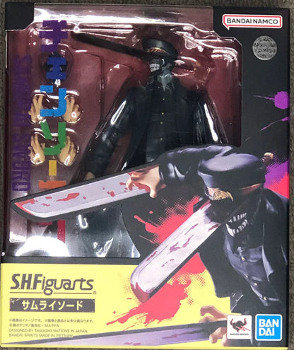 SHFiguarts Samurai Sword action figure packaging with BANDAI NAMCO branding. S.H.Figuarts Chainsaw Man Samurai Sword Authentic Action Figure – 16.5cm Fully Articulated Premium Collectible Character Statue box