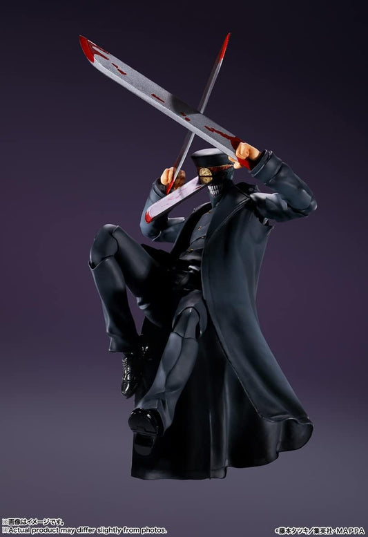 Action figure in a dynamic pose with a sword against a dark background S.H.Figuarts Chainsaw Man Samurai Sword Authentic Action Figure – 16.5cm Fully Articulated Premium Collectible Character Statue fight