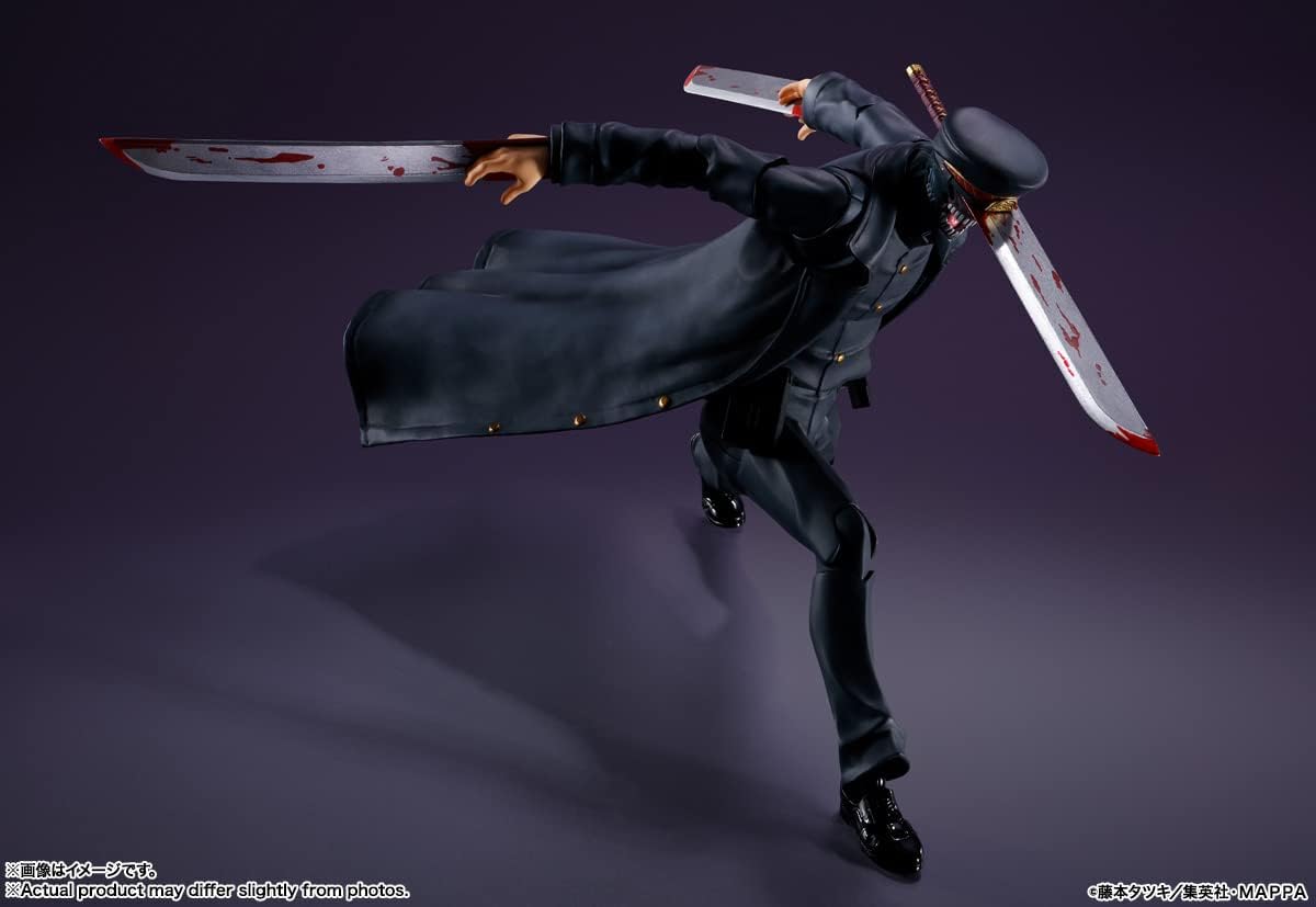 Action figure in a dynamic pose with swords on a dark background S.H.Figuarts Chainsaw Man Samurai Sword Authentic Action Figure – 16.5cm Fully Articulated Premium Collectible Character Statue pose