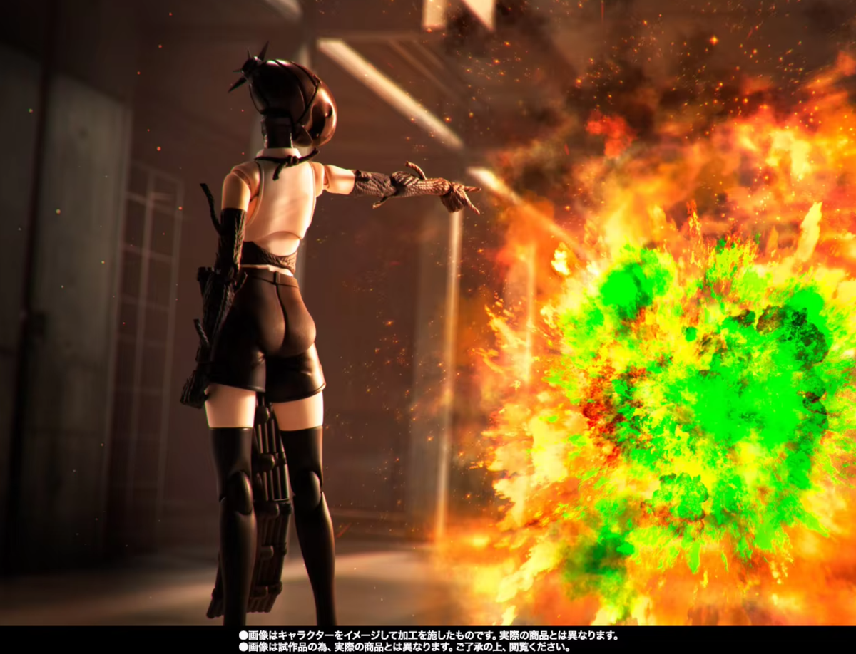 Character in futuristic armor standing in a dimly lit room with colorful explosion effect S.H.Figuarts Chainsaw Man The Movie: Reze Arc Authentic Action Figure – 15cm Fully Articulated Premium Collectible Character Figure action