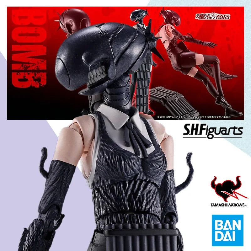 Action figure with helmet and gun, SHFiguarts branding visible, against a red background with 'Bomber' text. S.H.Figuarts Chainsaw Man The Movie: Reze Arc Authentic Action Figure – 15cm Fully Articulated Premium Collectible Character Figure box