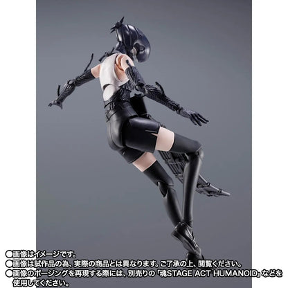 Action figure in black and white costume on a gray background S.H.Figuarts Chainsaw Man The Movie: Reze Arc Authentic Action Figure – 15cm Fully Articulated Premium Collectible Character Figure side