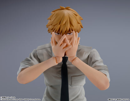Figure of a person with short hair covering their face with their hands against a gray background S.H.Figuarts Denji Authentic Action Figure – 5.9-Inch Human Form Fully Articulated Premium Collectible with Pochita Figure by Bandai Tamashii Nations 1