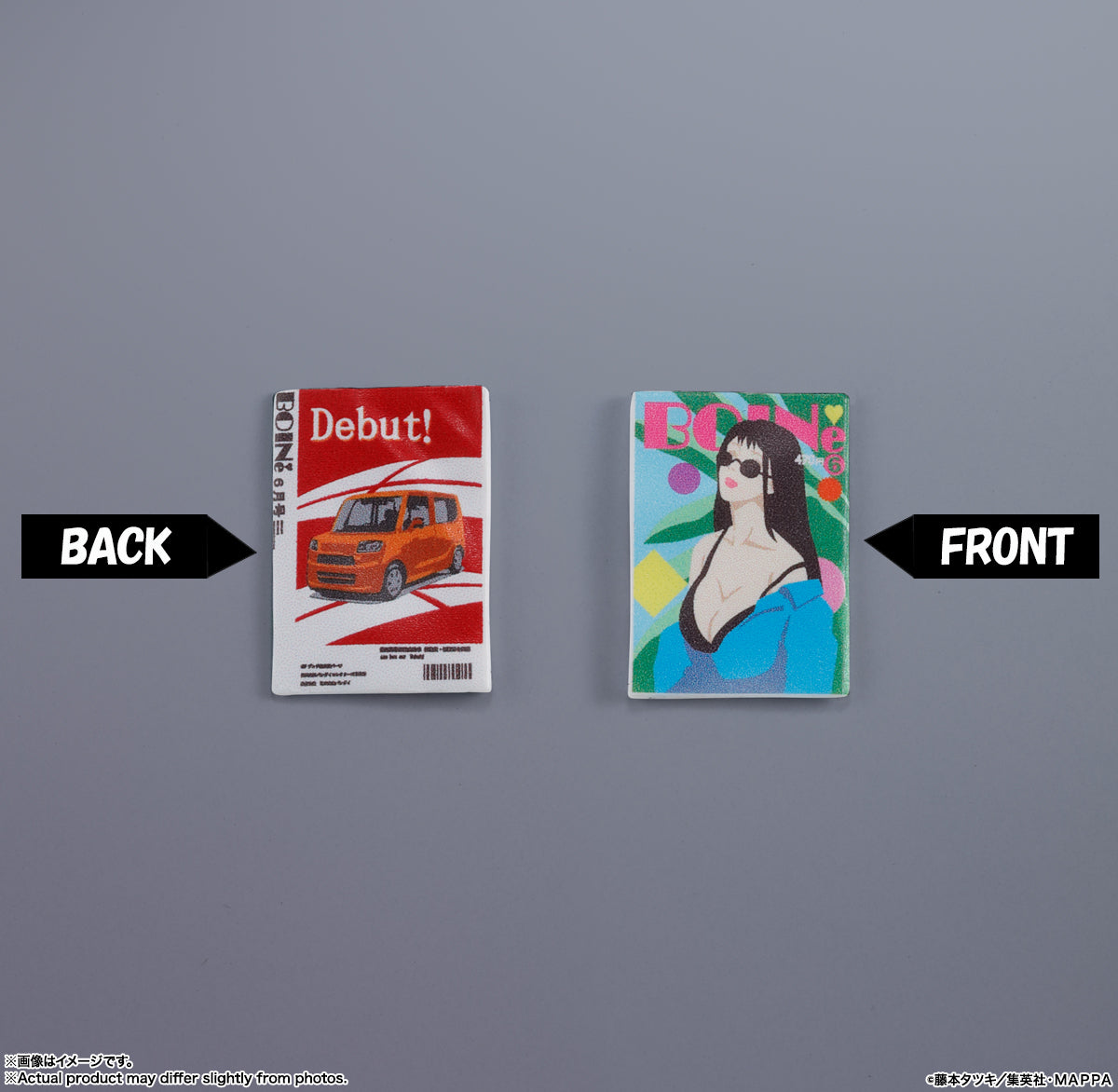 Two card designs, one labeled 'Back' with a car illustration and the other labeled 'Front' with a stylized portrait, on a gray background. S.H.Figuarts Denji Authentic Action Figure – 5.9-Inch Human Form Fully Articulated Premium Collectible with Pochita Figure by Bandai Tamashii Nations