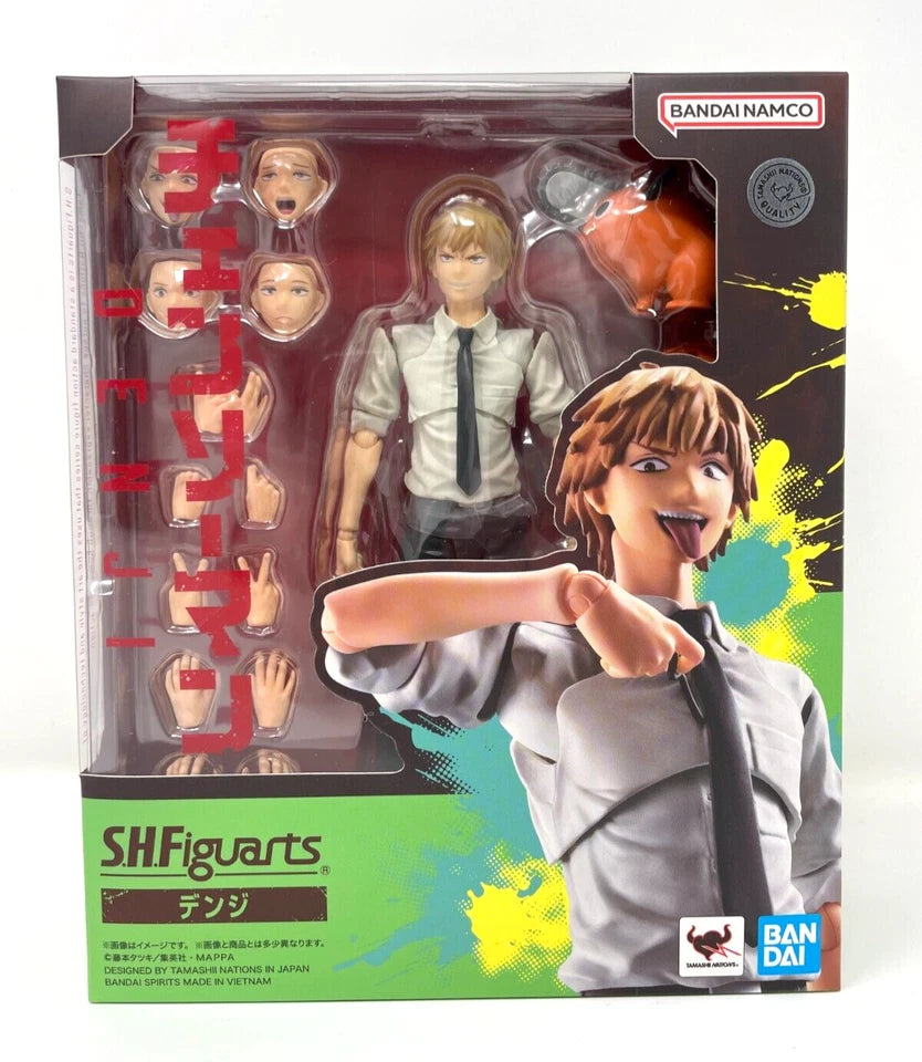 SHFiguarts action figure packaging with character illustration and BANDAI NAMCO branding. S.H.Figuarts Denji Authentic Action Figure – 5.9-Inch Human Form Fully Articulated Premium Collectible with Pochita Figure by Bandai Tamashii Nations box