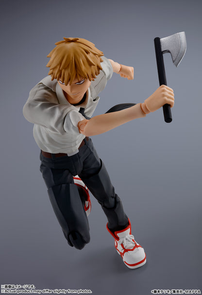 Action figure of a character holding an axe against a gray background S.H.Figuarts Denji Authentic Action Figure – 5.9-Inch Human Form Fully Articulated Premium Collectible with Pochita Figure by Bandai Tamashii Nations fight
