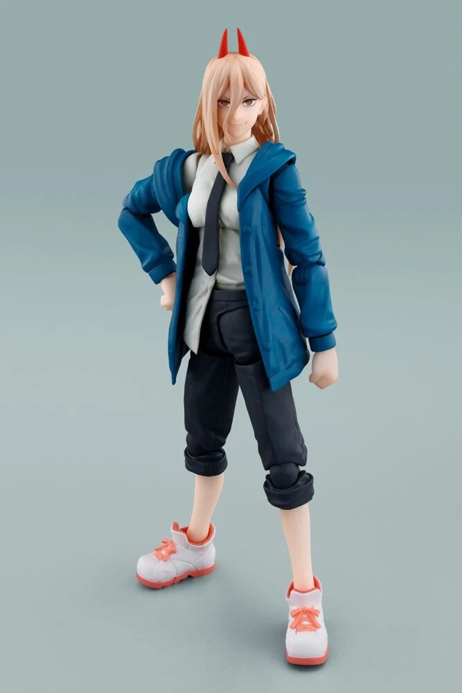 Action figure of a character in a blue coat and black pants on a gray background S.H.Figuarts Power Authentic Action Figure – 5.7-Inch Blood Fiend Fully Articulated Premium Collectible with Meowy Figure