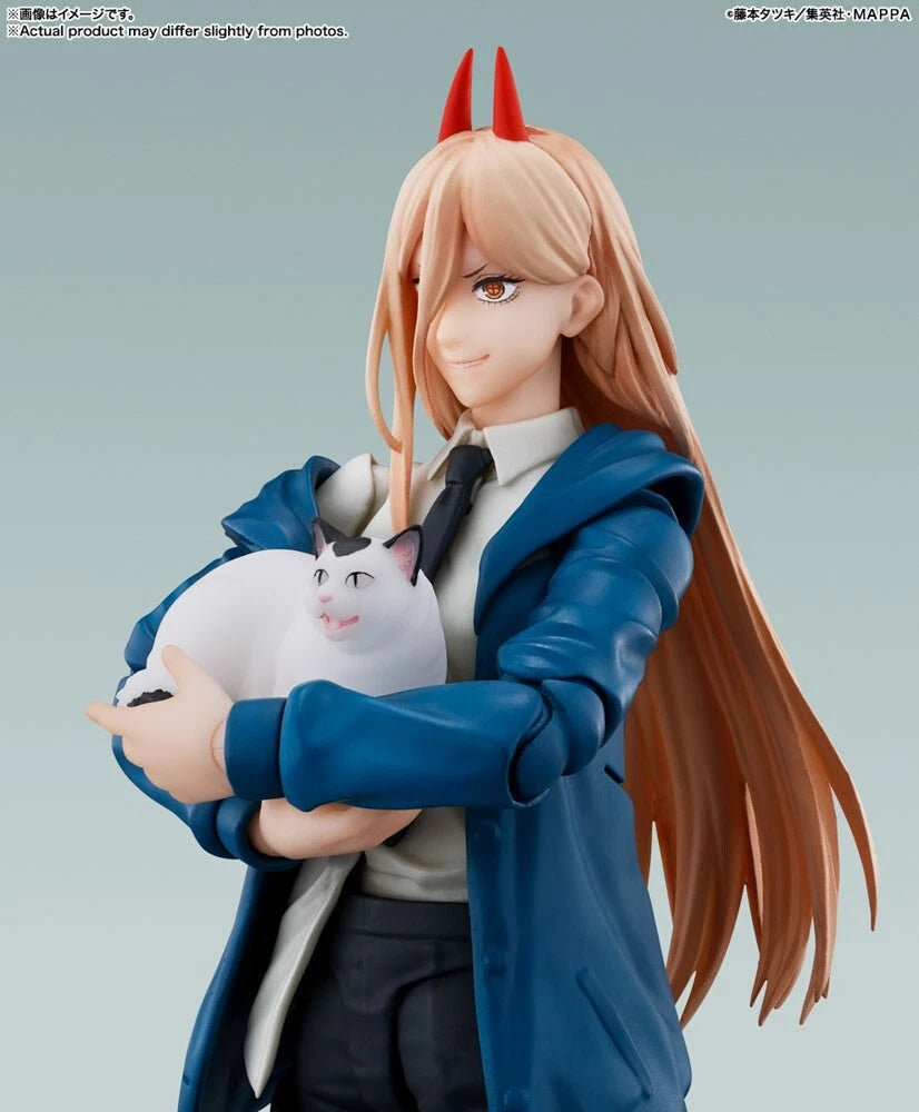 Figure of a character holding a cat with a neutral background S.H.Figuarts Power Authentic Action Figure – 5.7-Inch Blood Fiend Fully Articulated Premium Collectible with Meowy Figure with cat