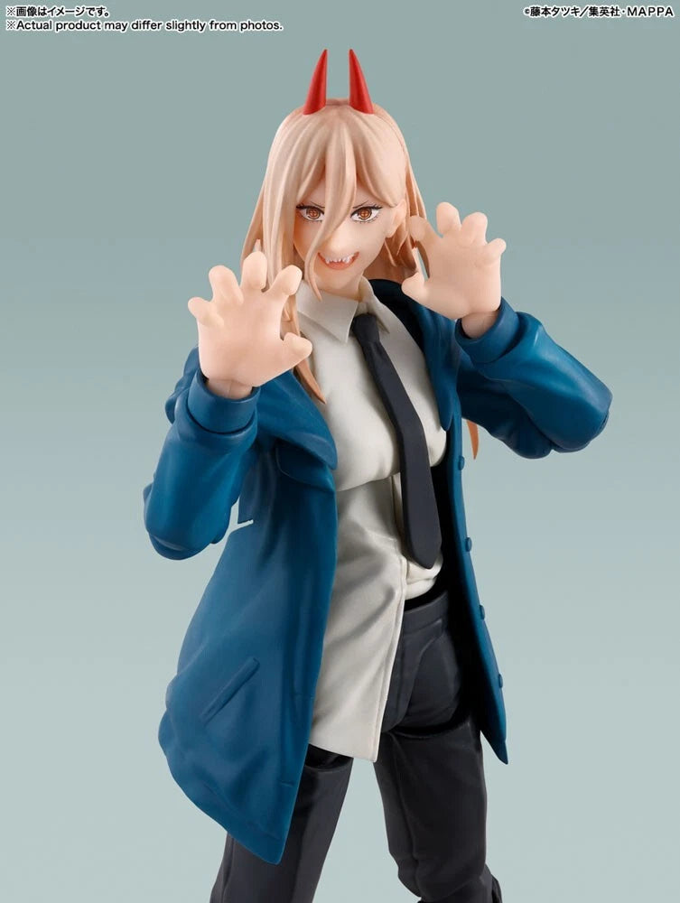 Figure of a character with pink hair and red horns, wearing a blue coat and white shirt, on a gray background. S.H.Figuarts Power Authentic Action Figure – 5.7-Inch Blood Fiend Fully Articulated Premium Collectible with Meowy Figure cute
