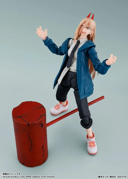 Action figure of a character in a blue coat with a red stump on a gray background S.H.Figuarts Power Authentic Action Figure – 5.7-Inch Blood Fiend Fully Articulated Premium Collectible with Meowy Figure evil pose