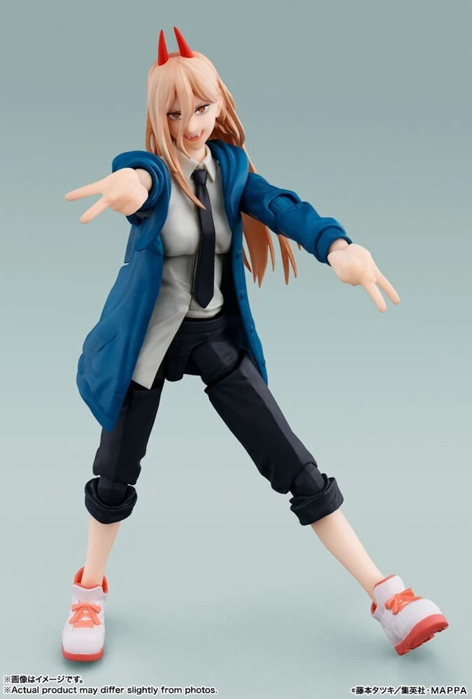 Action figure with red horns and a blue coat on a light gray background S.H.Figuarts Power Authentic Action Figure – 5.7-Inch Blood Fiend Fully Articulated Premium Collectible with Meowy Figure front