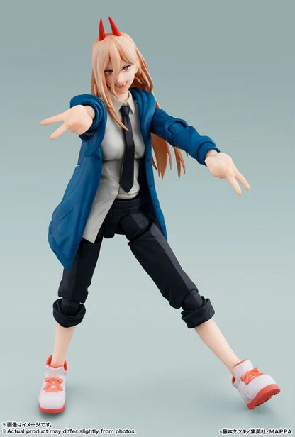 Action figure with red horns and a blue coat on a light gray background S.H.Figuarts Power Authentic Action Figure – 5.7-Inch Blood Fiend Fully Articulated Premium Collectible with Meowy Figure front