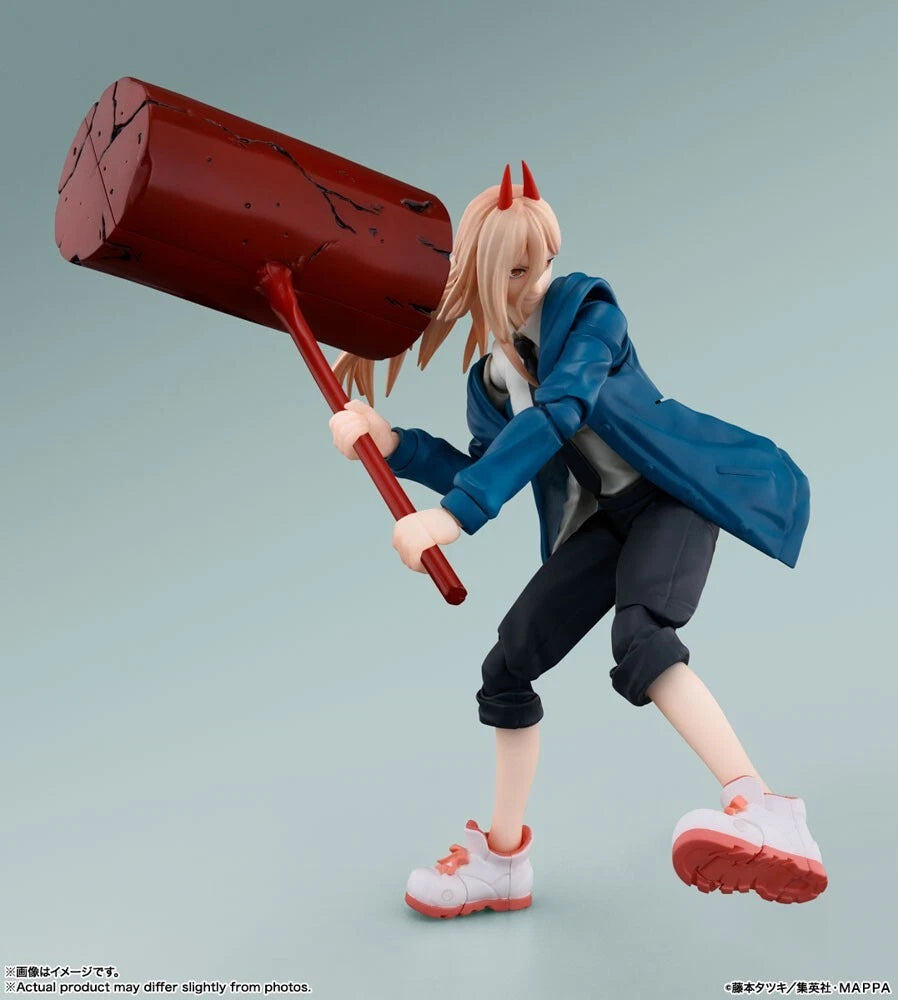 Action figure of a character holding a large red object on a gray background S.H.Figuarts Power Authentic Action Figure – 5.7-Inch Blood Fiend Fully Articulated Premium Collectible with Meowy Figure hammer 