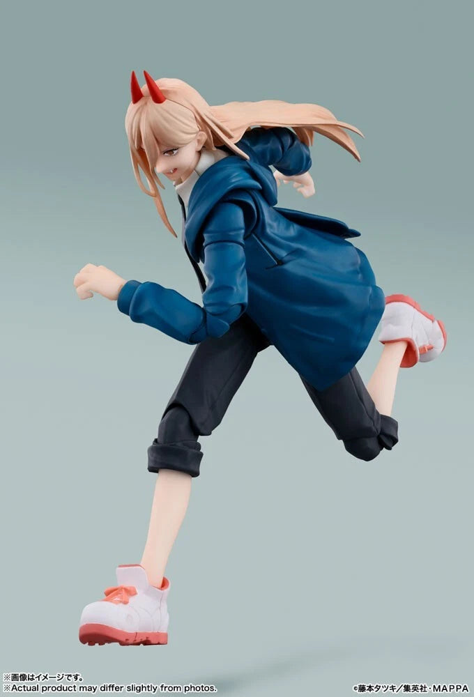 Action figure of a character in a blue outfit with red shoes on a gray background S.H.Figuarts Power Authentic Action Figure – 5.7-Inch Blood Fiend Fully Articulated Premium Collectible with Meowy Figure running