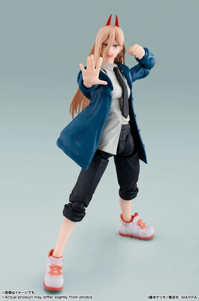 Action figure of a character with horns, blue coat, and red shoes on a gray background S.H.Figuarts Power Authentic Action Figure – 5.7-Inch Blood Fiend Fully Articulated Premium Collectible with Meowy Figure side
