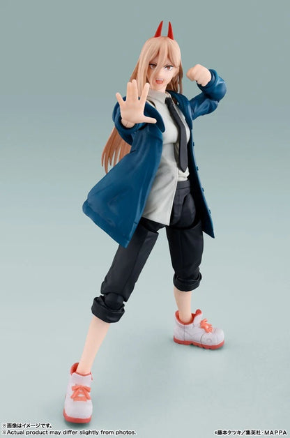 Action figure of a character with horns, blue coat, and red shoes on a gray background S.H.Figuarts Power Authentic Action Figure – 5.7-Inch Blood Fiend Fully Articulated Premium Collectible with Meowy Figure side