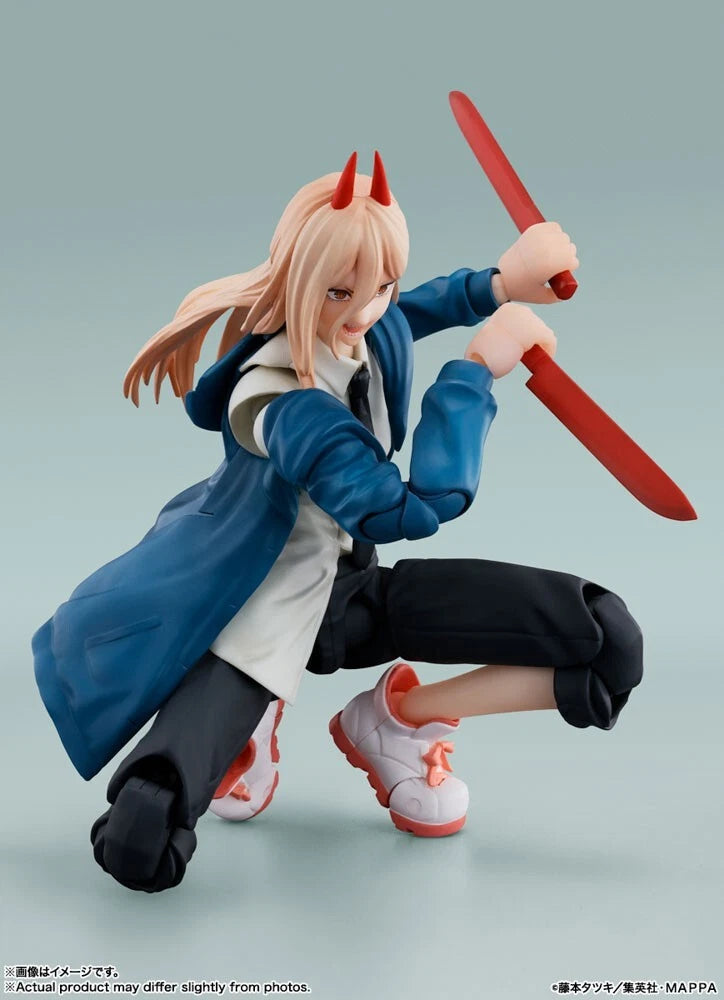 Action figure of a character with horns and a red sword on a gray background S.H.Figuarts Power Authentic Action Figure – 5.7-Inch Blood Fiend Fully Articulated Premium Collectible with Meowy Figure squat