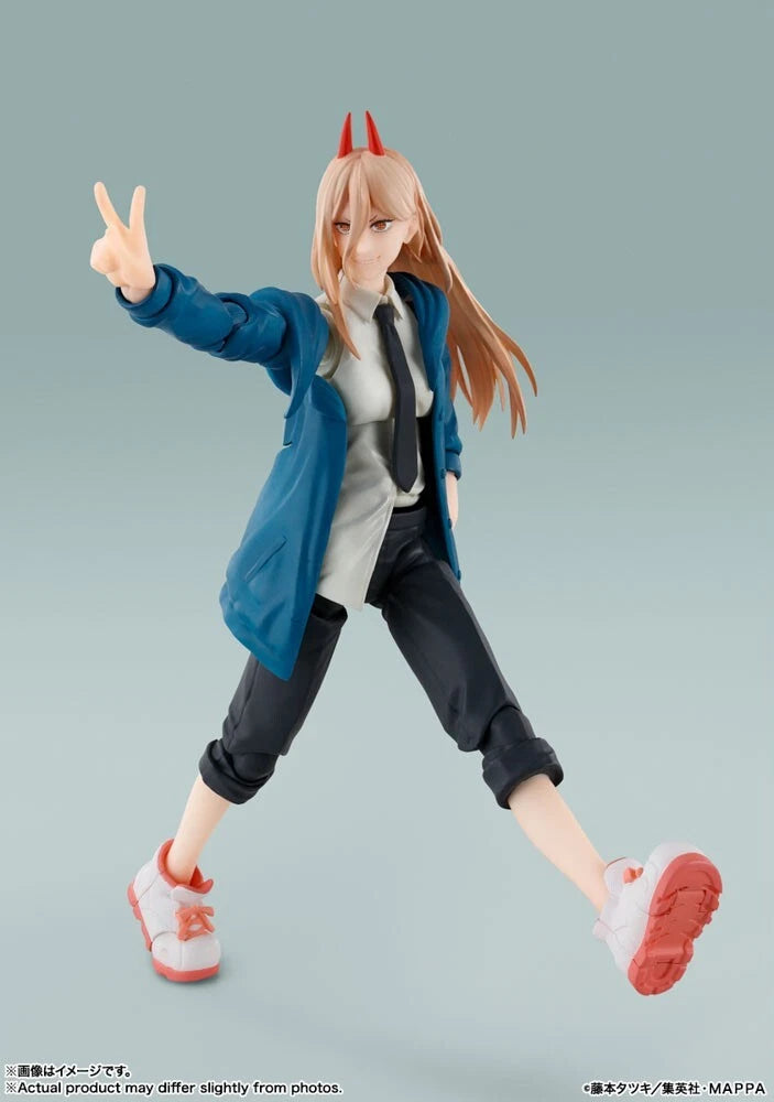 Action figure of a character with horns, blue jacket, and red shoes on a gray background S.H.Figuarts Power Authentic Action Figure – 5.7-Inch Blood Fiend Fully Articulated Premium Collectible with Meowy Figure walking