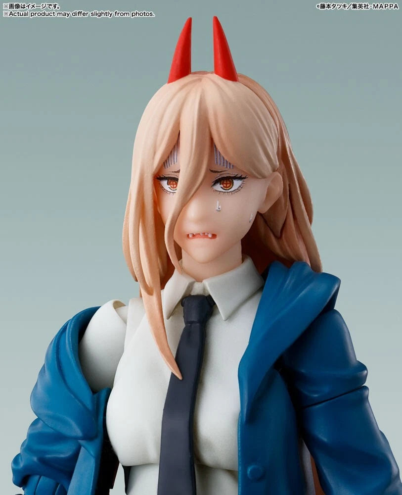 Figure of a character with blonde hair, red horns, and a blue outfit on a gray background S.H.Figuarts Power Authentic Action Figure – 5.7-Inch Blood Fiend Fully Articulated Premium Collectible with Meowy Figure worry