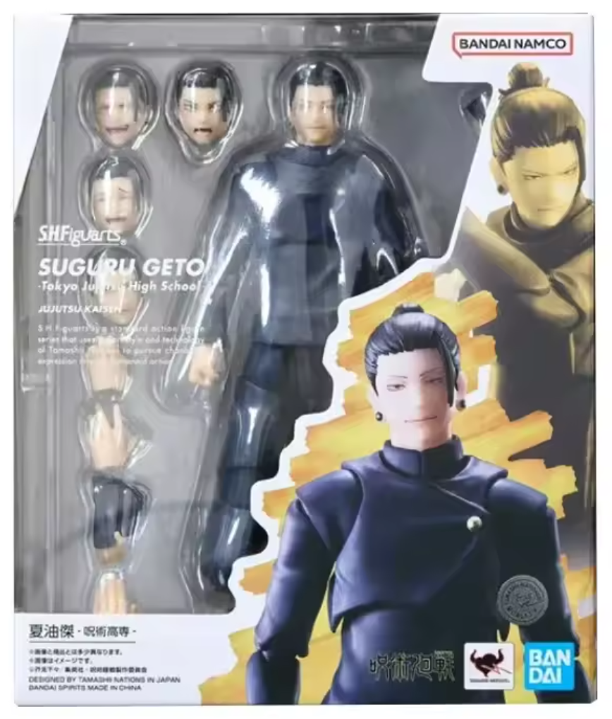 Action figure packaging with 'Suguru Geto' from 'Tokyo Jujutsu High School' by Bandai Namco. Jujutsu Kaisen S.H.Figuarts Suguru Geto Authentic 15.5cm Articulated Action Figure – Tokyo Jujutsu High School Edition (Official Reissue) box
