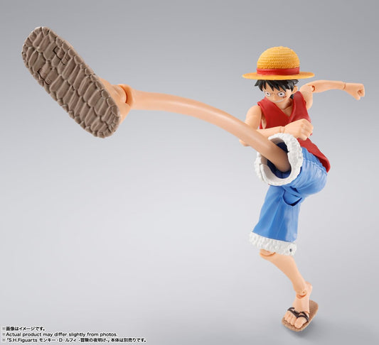 Action figure of a character in a dynamic pose on a gray background S.H. Figuarts One Piece: Monkey D. Luffy - Dawn of Adventures - Rubber Rubber Optional Parts Set by Bandai Spirits