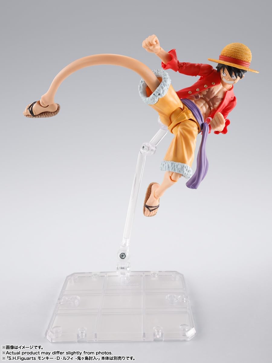 Action figure of a character from a popular anime on a clear stand against a gray background S.H. Figuarts One Piece: Monkey D. Luffy - Dawn of Adventures - Rubber Rubber Optional Parts Set by Bandai Spirits