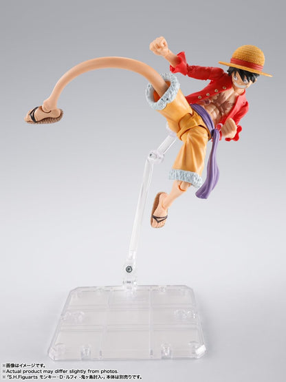 Action figure of a character from a popular anime on a clear stand against a gray background S.H. Figuarts One Piece: Monkey D. Luffy - Dawn of Adventures - Rubber Rubber Optional Parts Set by Bandai Spirits