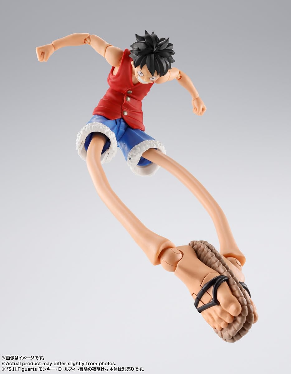 Action figure of a character in a dynamic pose on a gray background S.H. Figuarts One Piece: Monkey D. Luffy - Dawn of Adventures - Rubber Rubber Optional Parts Set by Bandai Spirits