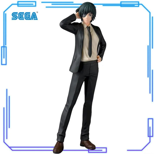 Figure of a person in formal attire with Sega logo. Sega Chainsaw Man Himeno Authentic Desktop×Decorate Collections Fixed-Pose Premium Figure