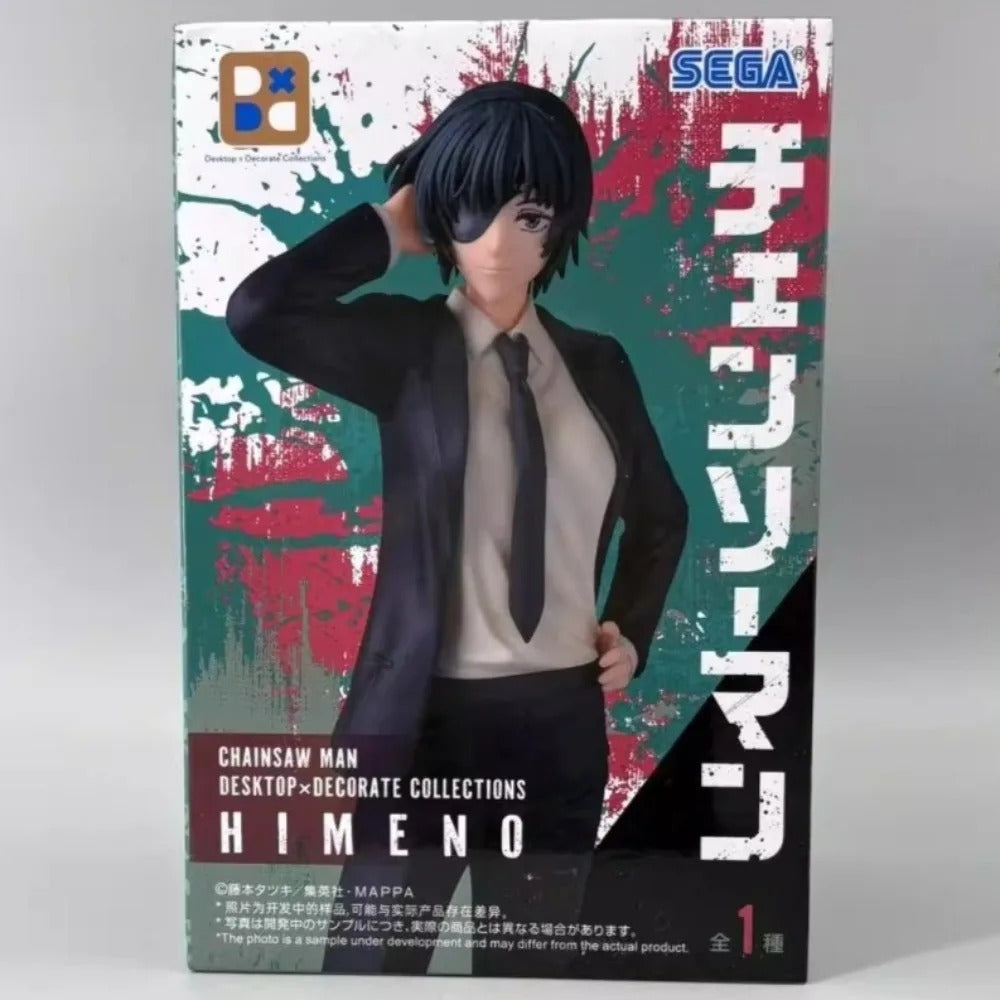 Boxed figure of a character from 'Chainsaw Man' with Sega branding. Sega Chainsaw Man Himeno Authentic Desktop×Decorate Collections Fixed-Pose Premium Figure