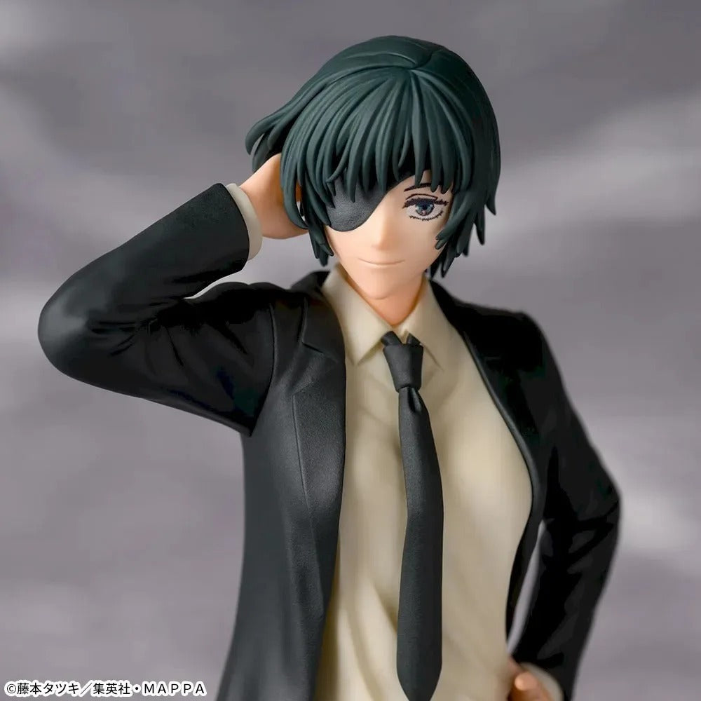 Figure of a character in a black suit and tie against a gray background. Sega Chainsaw Man Himeno Authentic Desktop×Decorate Collections Fixed-Pose Premium Figure