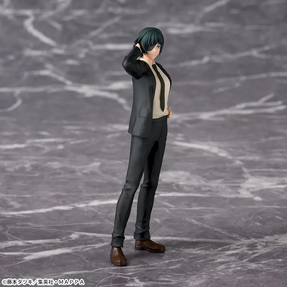 Figure of a character in a gray suit on a textured gray background. Sega Chainsaw Man Himeno Authentic Desktop×Decorate Collections Fixed-Pose Premium Figure