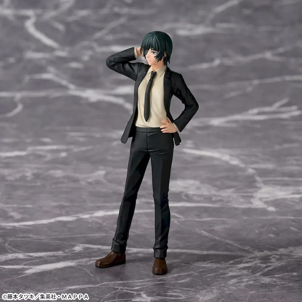 Figure of a character in a suit on a textured gray background. Sega Chainsaw Man Himeno Authentic Desktop×Decorate Collections Fixed-Pose Premium Figure