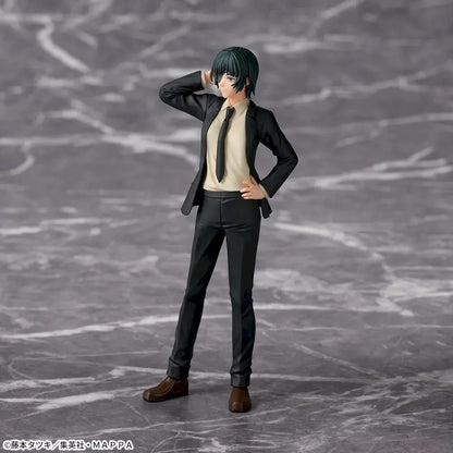 Figure of a character in a suit on a textured gray background. Sega Chainsaw Man Himeno Authentic Desktop×Decorate Collections Fixed-Pose Premium Figure